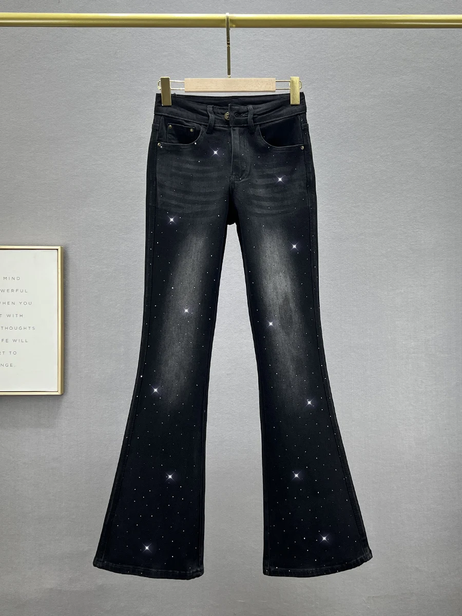 

Джинсы женские с высокой талией, облегающие, удлиненные, с камнями, модные, для повседневной носки, слегка расклешенные, осенняя новинка