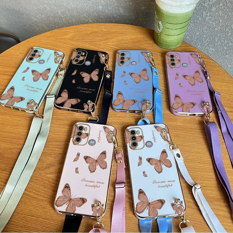 Blume Schmetterling Lanyard Beschichtung Telefon Fall für Motorola Moto G60 G53 G50 G42 G30 G20 G22 G52 E20 plus G9 Play G8 Power Cover