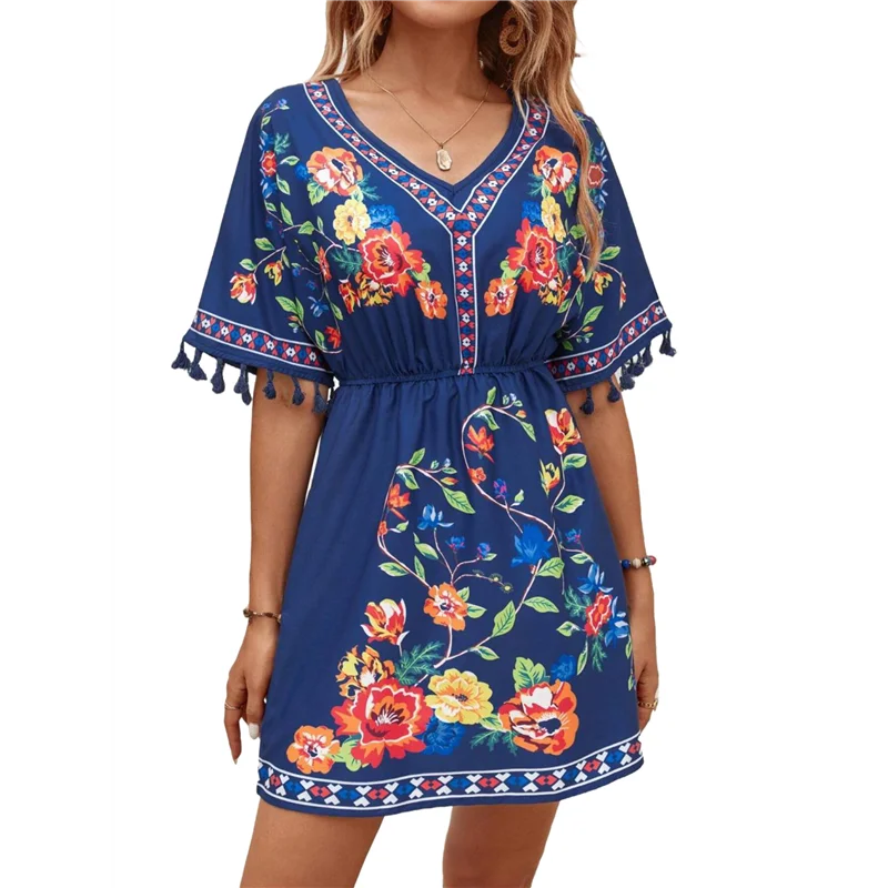 ABRT-Fiesta Haftowana meksykańska sukienka dla kobiet na wakacje na plaży Plus Size Letnie sukienki boho z krótkim rękawem i kieszenią