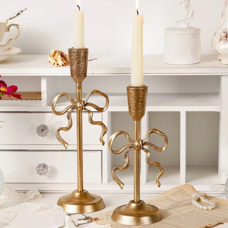 French Iron Candle Holders Tableware Romantic Wedding Centerpieces for Tables Metal Gold Bow Retro Candlestick Home Decoration