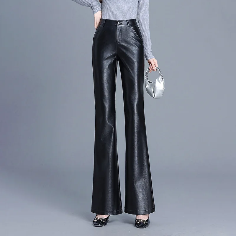 

High Waist Slightly Flared PU Leather Pants, Women's Autumn and Winter New Korean Slim-fit Long Pants, Casual Floor-length Pant