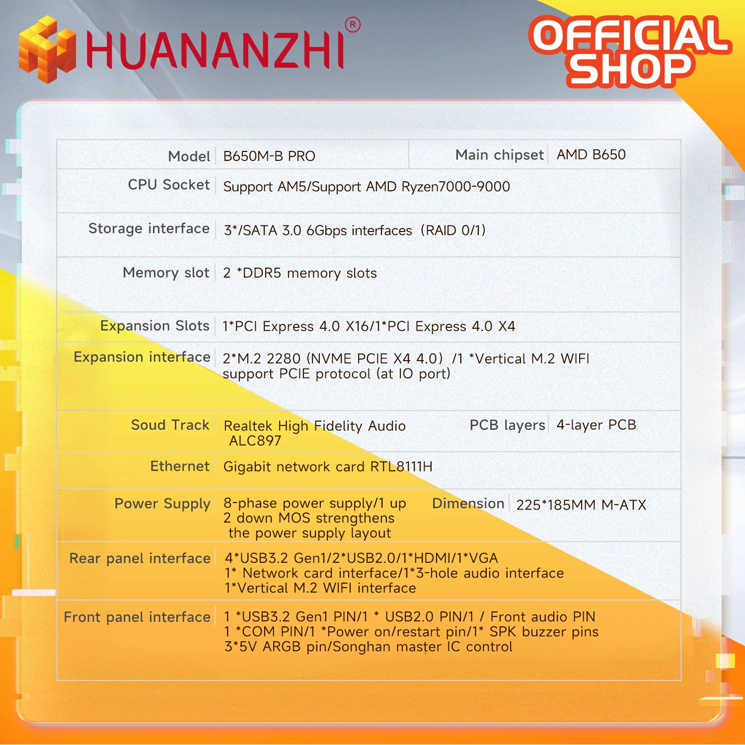 HUANANZHI B650M B PRO AMD AM5 Motherboard Mendukung Ryzen R5 R7 7000 8000 9000 Seri M.2 NVME WIFI Dual Channel DDR5 EXPO RAM