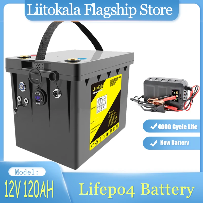 LiitoKala 12V 120Ah LiFePO4 Battery 12.8V Power For RV Campers Golf Cart Off-Road Off-grid Solar Wind，QC3.0 Type-C USB output