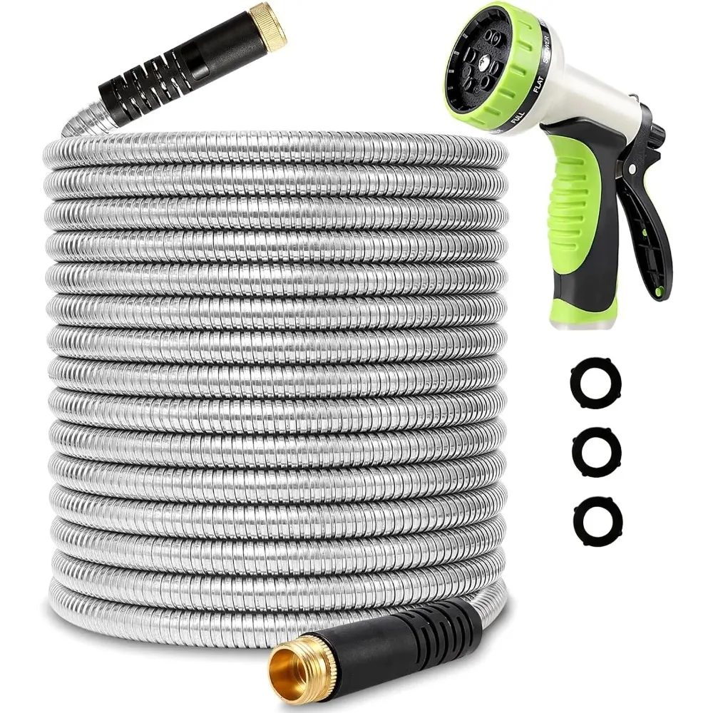 

Garden Hose 75ft with Durable 304 Stainless Steel and 10 Way Spray Nozzle-Strong 3/4'' Solid Brass Fittings, Metal Garden Hose