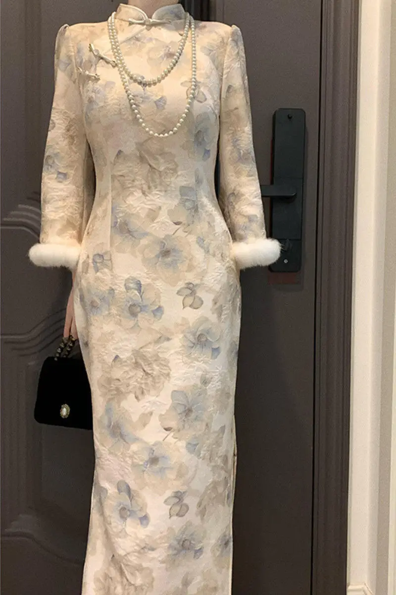 

Осеннее новое нежное элегантное женское платье Cheongsam с перевернутым большим рукавом в китайском стиле для женщин, винтажные длинные платья с цветочным принтом