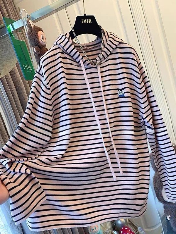 

plus Size 300 Pou Embroidered Snowman Striped Hooded Loose Casual Women's Long Sve T-irt Breathable Comfortable Cotto...