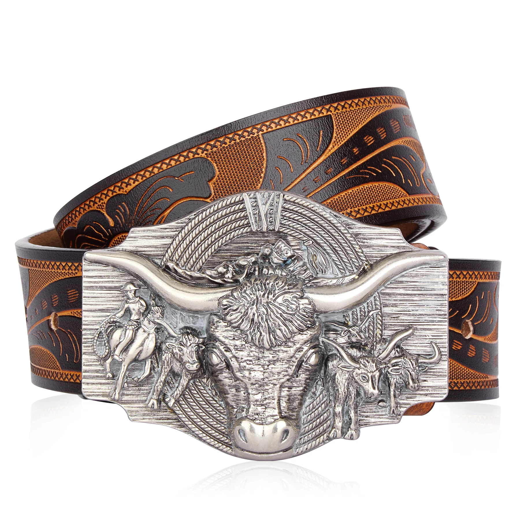 BISON DENIM Western Belt for Women Men Cowboys Cowgirls Carving Leather Belts with Bullhead Buckles for Jeans Pants