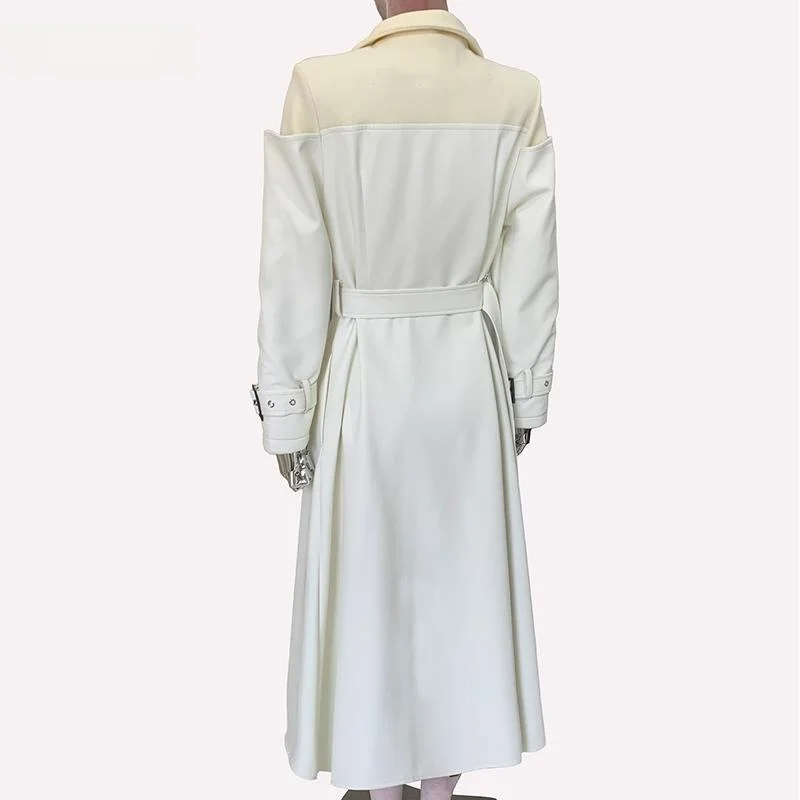 秋冬ロングウールチェック柄PUレザージャケット女性のエレルーズスーツ襟ファッショナブルなアウターコート女性