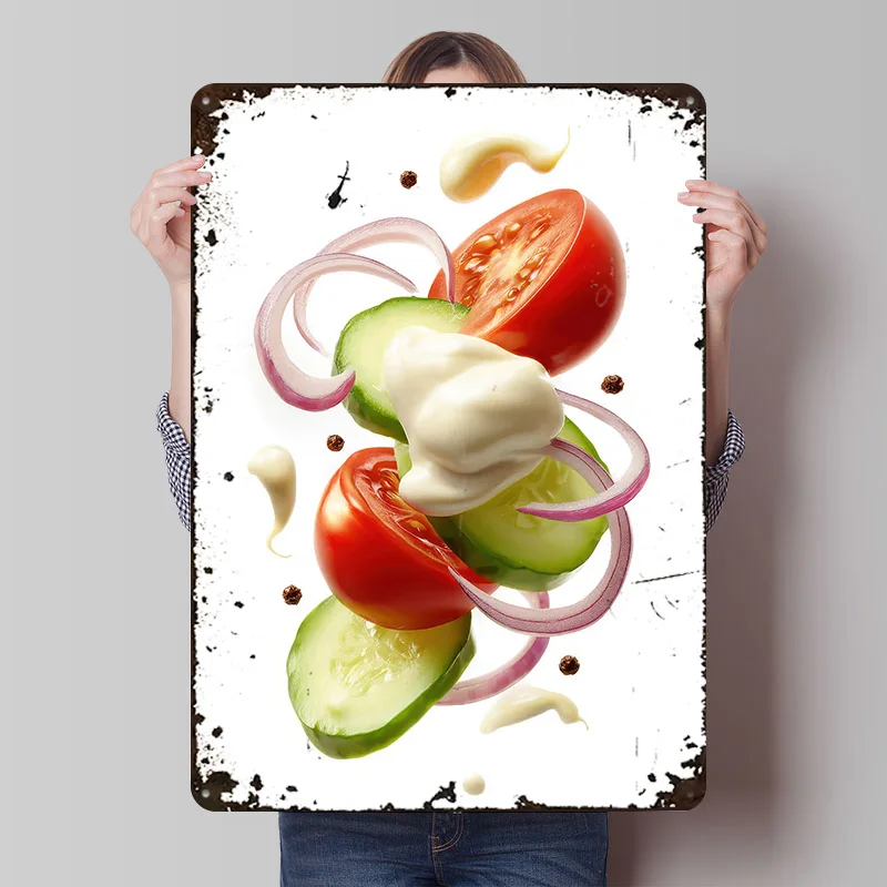 Fliegende Salat-Zutaten mit Mayonnaise Metallposter Personalisierte Wandkunst Retro Vintage Blechschilder für Männerhöhle Haus Zuhause