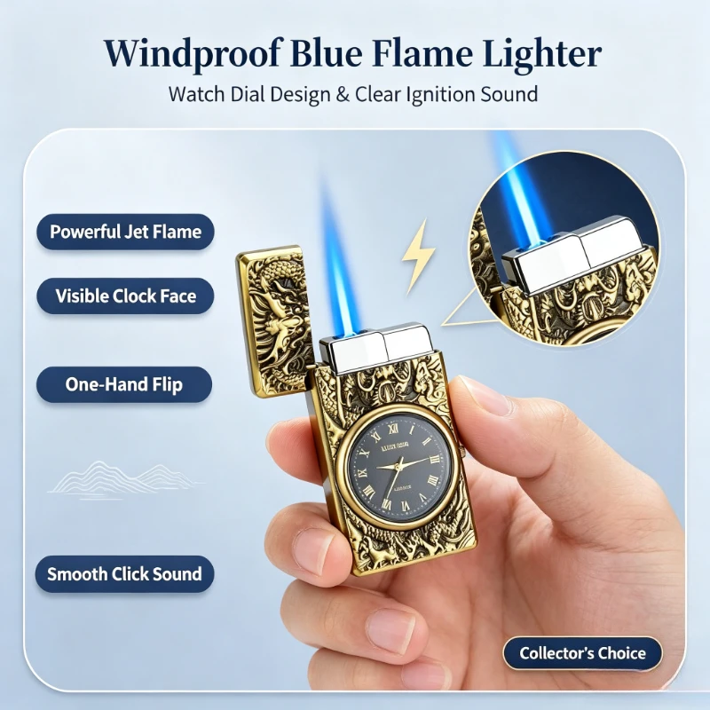 

7 Color Light Watch Turbo Torch Gas Lighter, Exquisite Embossed Craft Windproof Direct Flame Luxury Men Smoking Gift