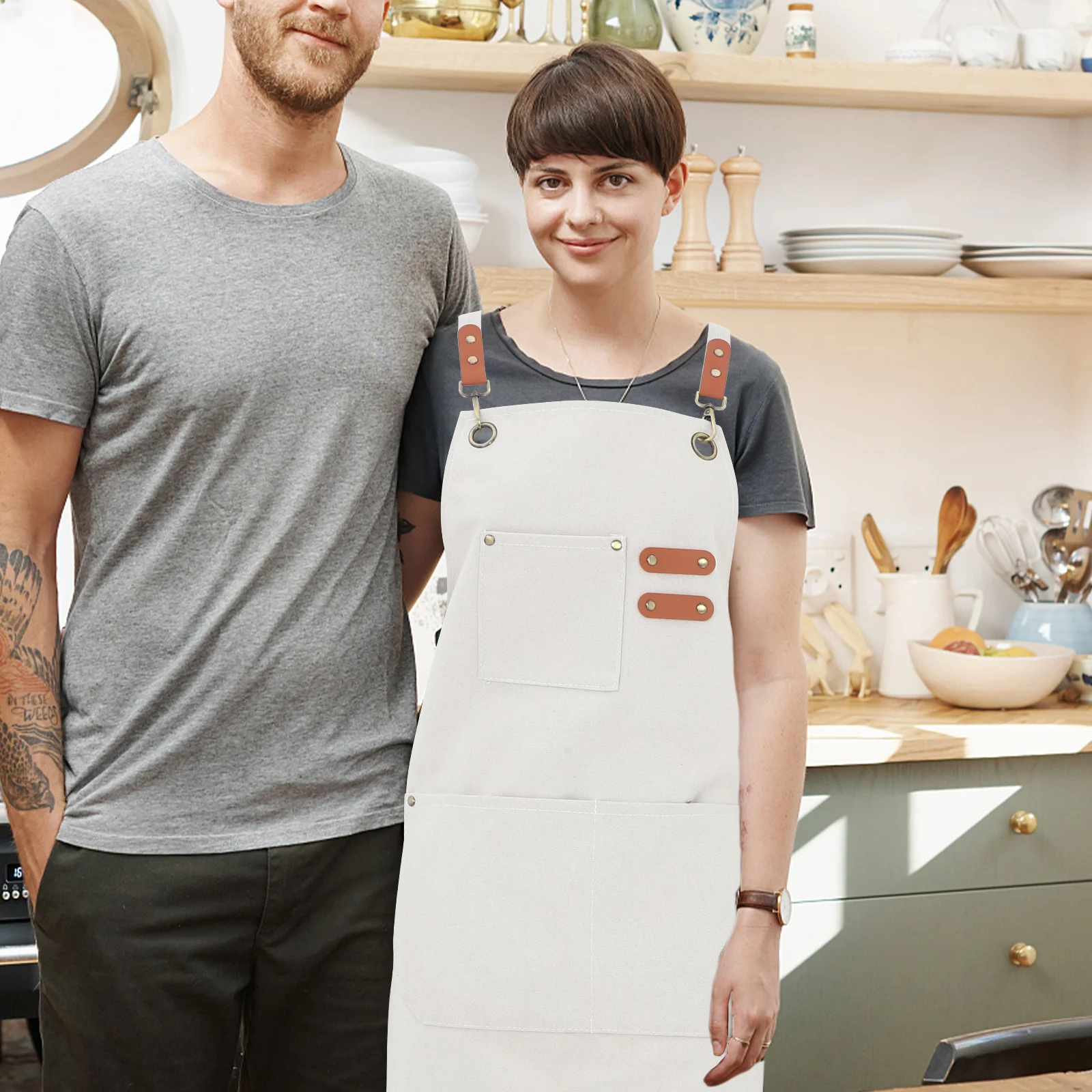 

Multi-Pocket Kitchen Apron Waterproof Women Hair Salon Chef Cooking Workwear Machine Washable Full Coverage Apron For