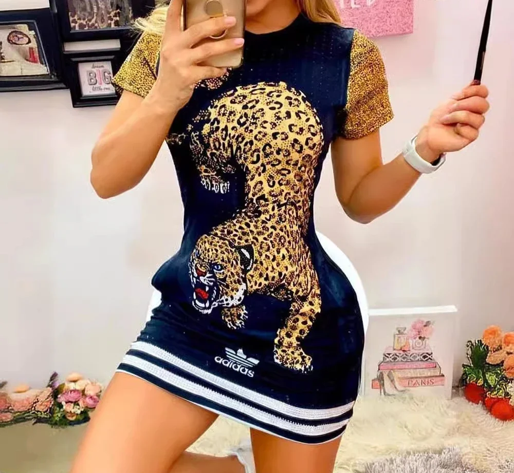 Skinny Dress for Women Latest 2024 Summer Round Neck Tiger Pattern Short Sleeve Tight Sports Mini Bodycon Dresses Short Skirt