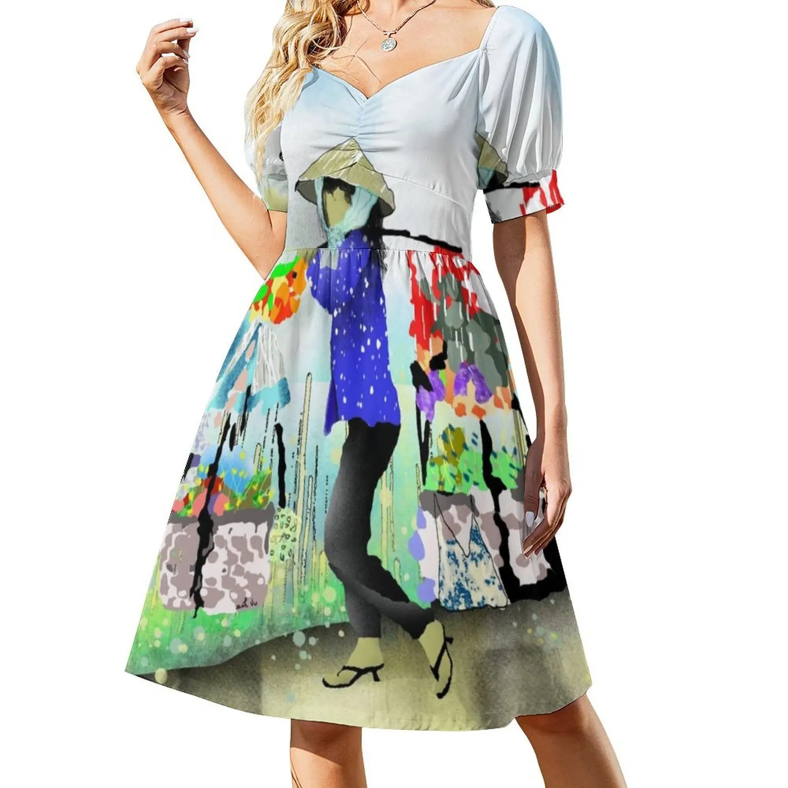 فيتنام فستان سموك الأزهار للنساء الربيع الصيف فستان كاجوال للحزب النساء البندول السوق بيع فستان فيتنام للفتيات