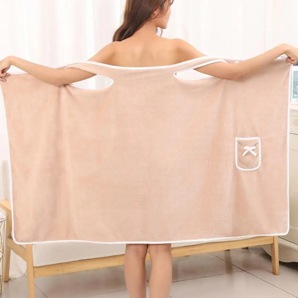 Coral Fleece Bath Towel Bowknot Pocket Bath Towel Fast Drying Women\'s Coral Fleece Bathrobe Dress with Bowknot Decor Beach Dress