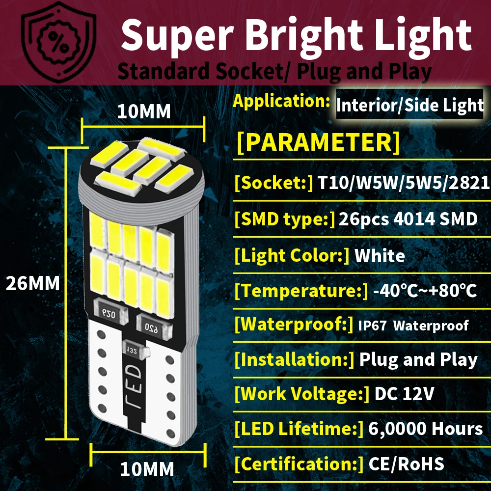 A Pack LED Clearance Light Bulb Lamp W5W T10 For Renault Clio 4 Koleos Logan Laguna Coupe Master Megane CC Thalia 1 2 3 Twingo