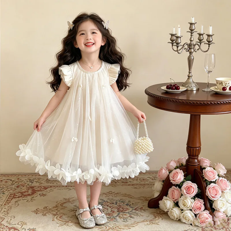2026 Children's Sweet and Western Style Flying Sleeve Princess Dress Summer Little Girl Petal Edge Mesh Puff Dress