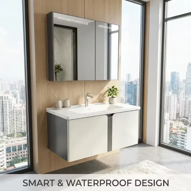 Modern Wall-Mounted Bathroom Vanity Wash Basin Cabinet With Seamless Ceramic Sink Silent Double-door Locker Smart Mirror