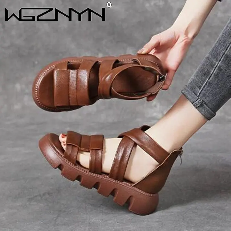 New Design Women Gladiator Retro Sandals Summer Open Toe Cool Boots Ladies Genuine Leather High Heel Platform Casual Sandals