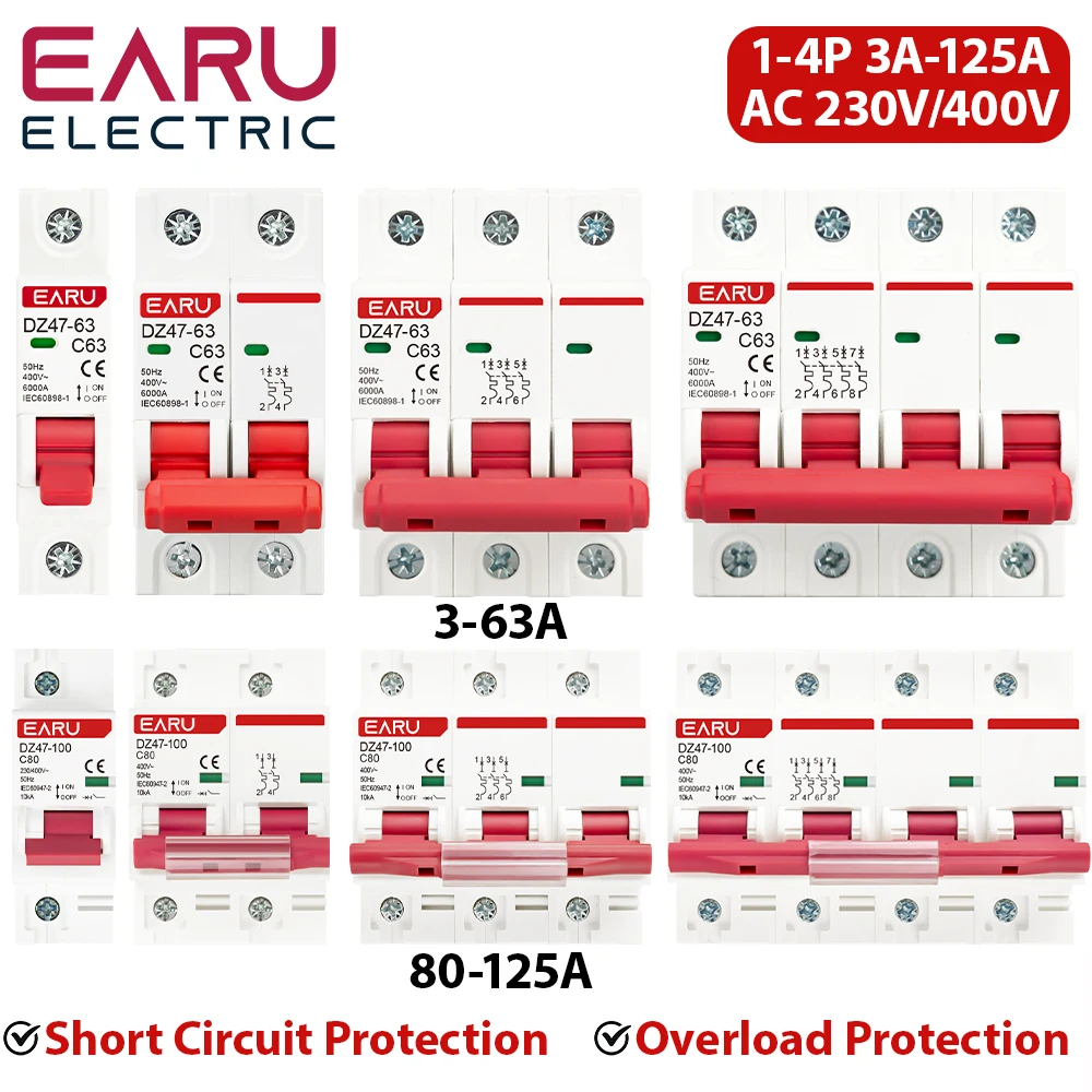 DZ47 400V 1-4P 3-125A C Type Mini Circuit Breaker MCB Short Overload Circuit Protector 35mm Din Rail Mount Breaking Capacity 6KA