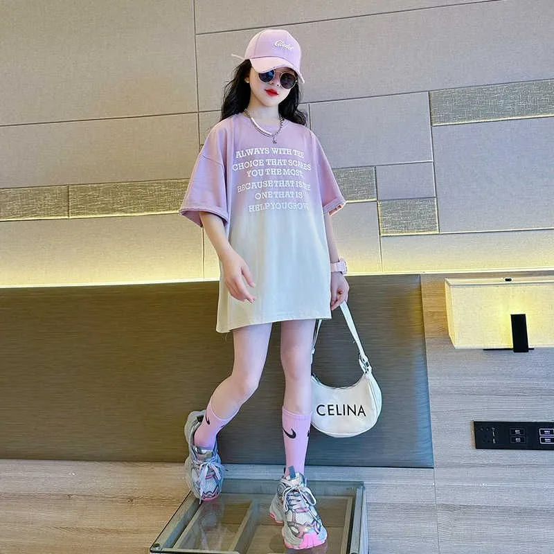 

Летние модные футболки с короткими рукавами, дышащие цветные топы, крутая хлопковая футболка для девочек от 7 до 13 лет, высококачественная фиолетовая футболка с градиентом