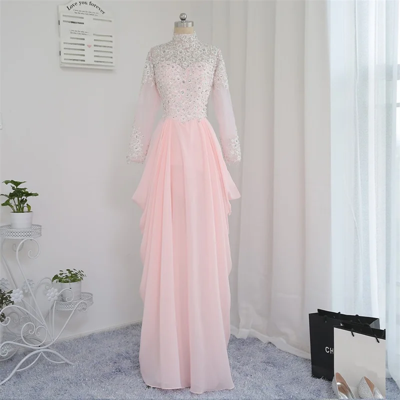 Pink Muslim Evening Dresses A-line Long Sleeves Chiffon Appliques Beaded Long Turkey Dubai Saudi Arabia Prom Dress Gown