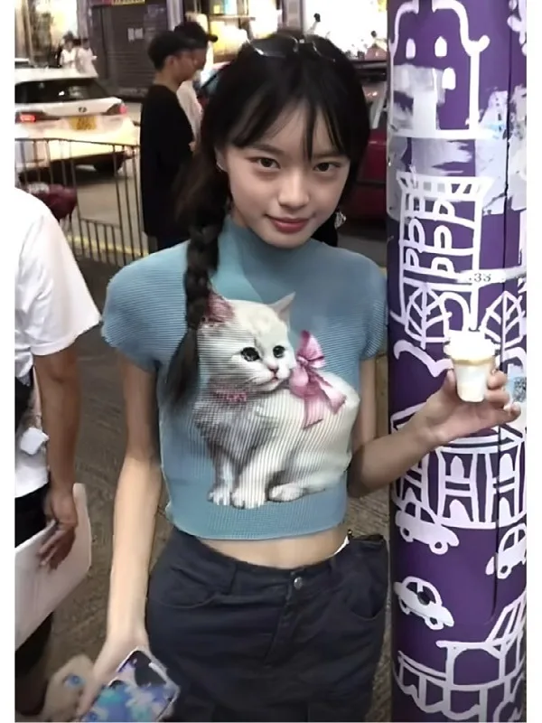 

Летняя винтажная футболка с коротким рукавом для женщин больших размеров, американский стиль, плиссированный топ с принтом и высоким воротником