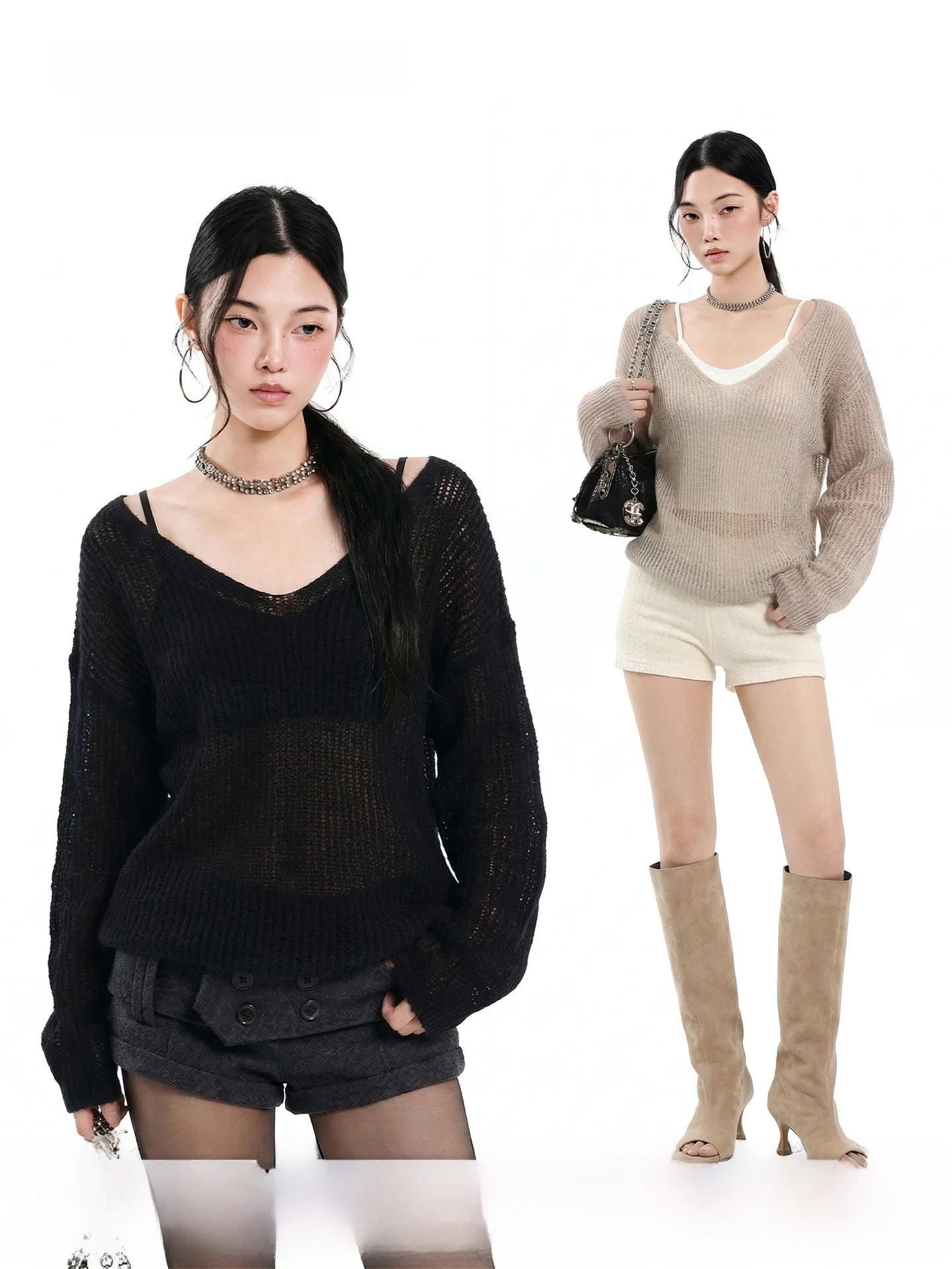 

Black Loose Knitted Sweater Women's Design Sense Hollow out V-Neck Lazy Style Top Uncmhisex Fashion Online Exclusive Long Sleeve