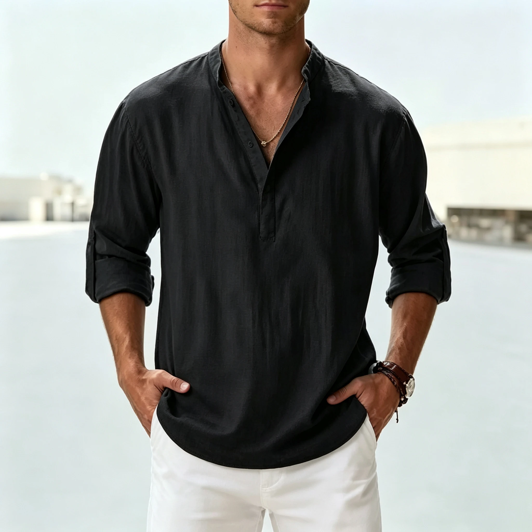 Stand-up collar Henry half-open placket men's three-quarter sleeve shirt, loose fit, casual beach vacation shirt
