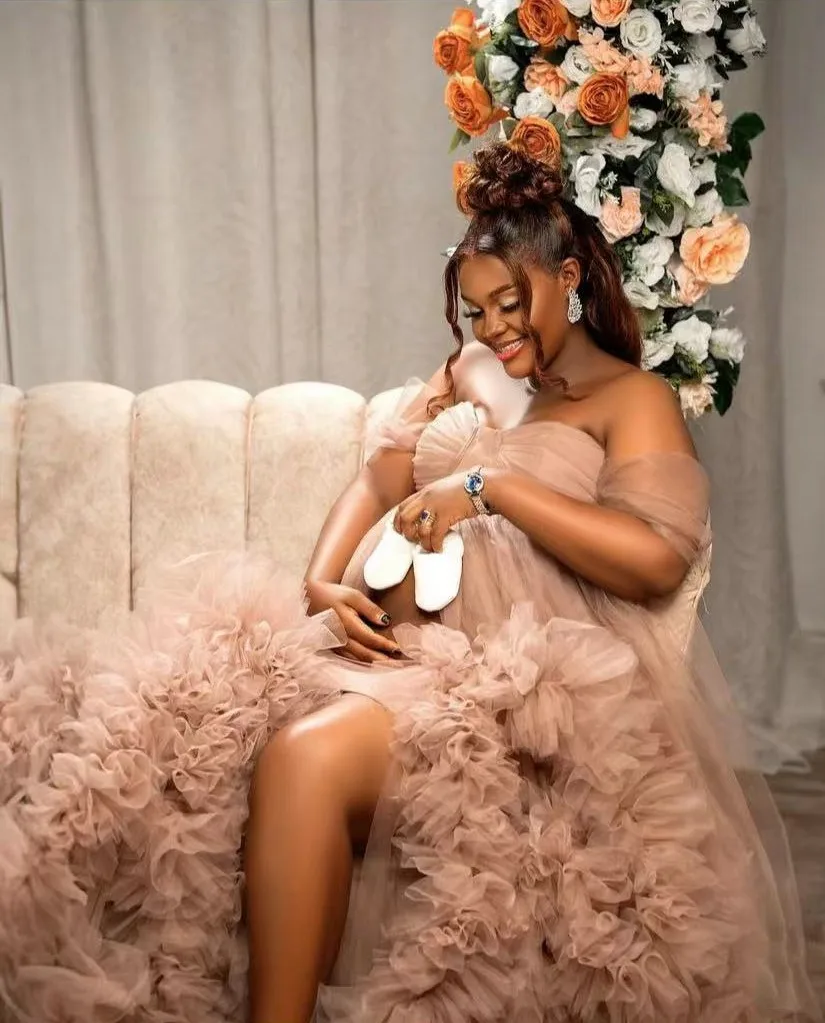 Vestidos de maternidade de tule com babados inchados para sessões de fotos, robe de tule fofo, vestidos de baile de noiva, vestido longo em camadas elegante