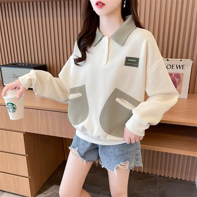 Fashion Lapel Button Spliced Pockets Sweet Polo Shirts Female Clothing 2024 Autumn Winter New Loose Korean Tops Casual Tee Shirt