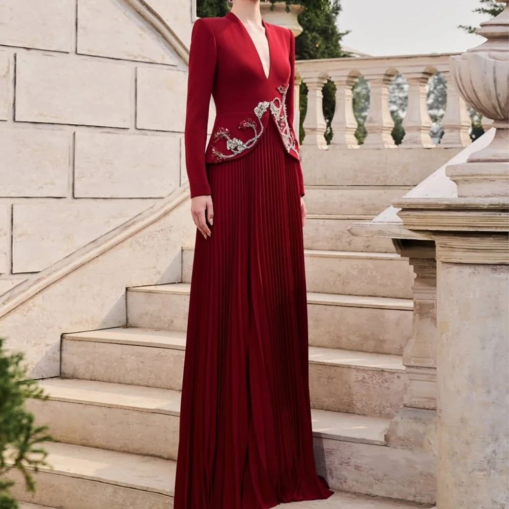 

Customized A-line Evening Dresses Floor-length V-neck Full Sleeve Prom Gown Fashion Sequined Pleat Simple Draped Party Gown