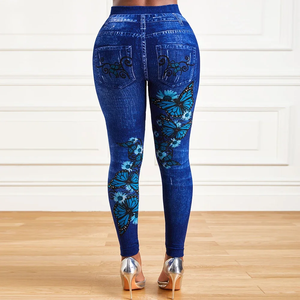 Plus Size Oversized Women High Waist Stretchy Legging Denim Look Skinny Jeggings Ladies Fashion Print Pencil Pants Clothing 2023