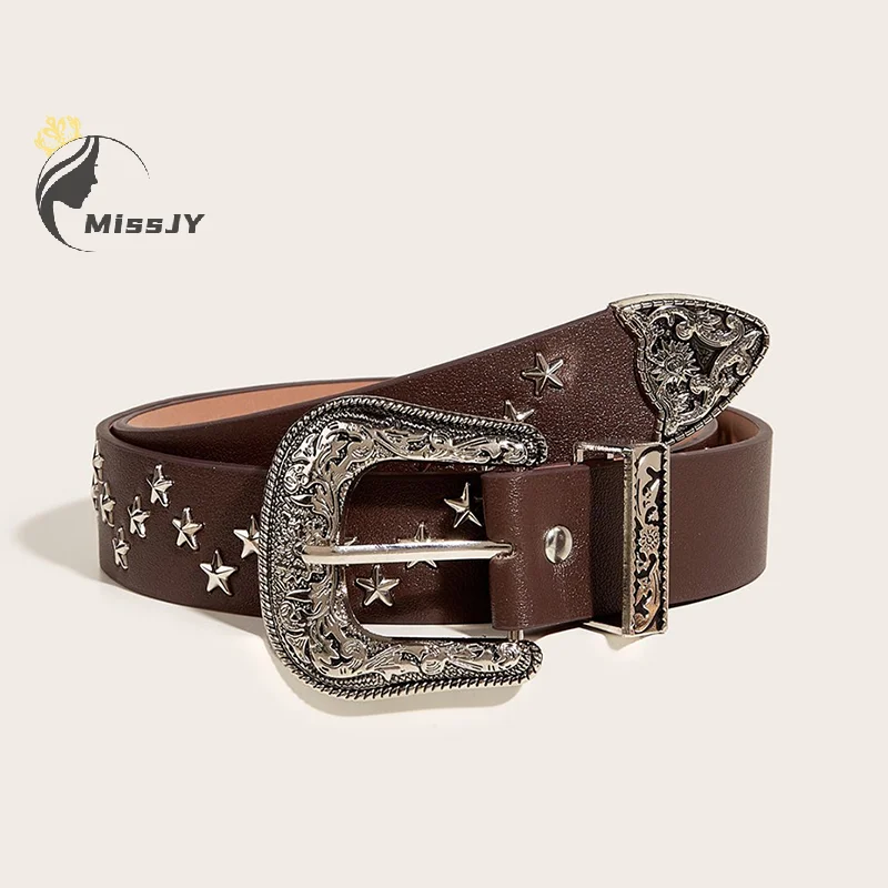 Vintage Star Rivet เข็มขัด Y2k หัวเข็มขัดโลหะ Punk Rock เข็มขัด Gothic Pu เข็มขัดผู้หญิงผู้ชายกางเกงยีนส์กางเกงอุปกรณ์ตกแต่ง
