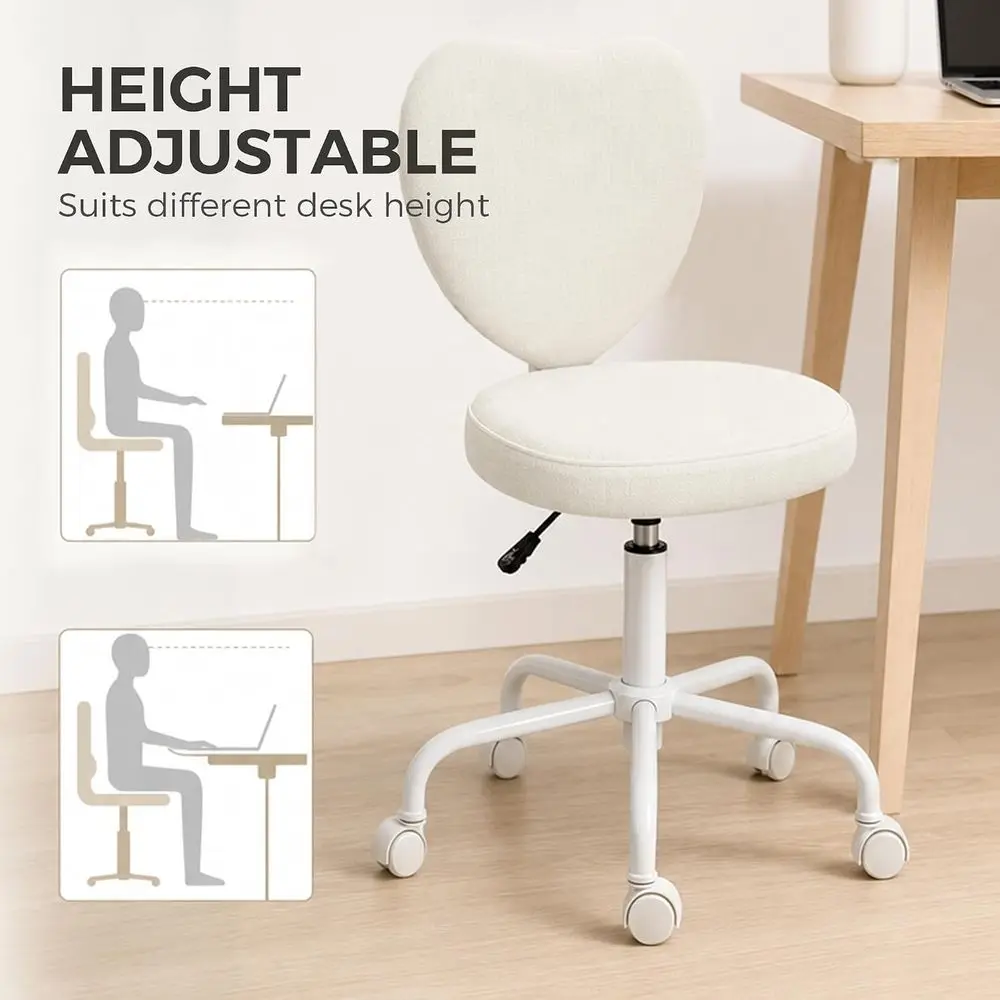 Office Chair, Fabric Makeup Vanity Chair with Heart Shape, Swivel Wheels, Height Adjustable, White view 5