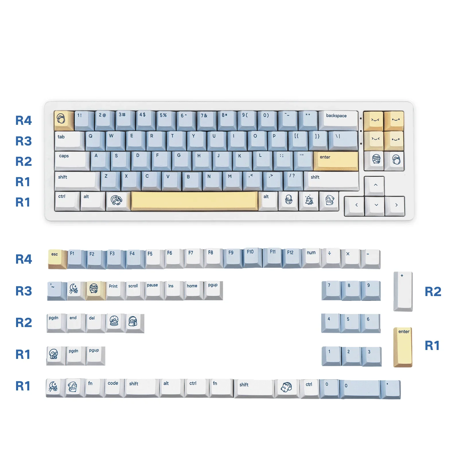 Little Penguin Keycaps Original PBT Five-sided Sublimation Customized Mechanical Keyboard Keycaps Small Font Keycaps Blue and Wh