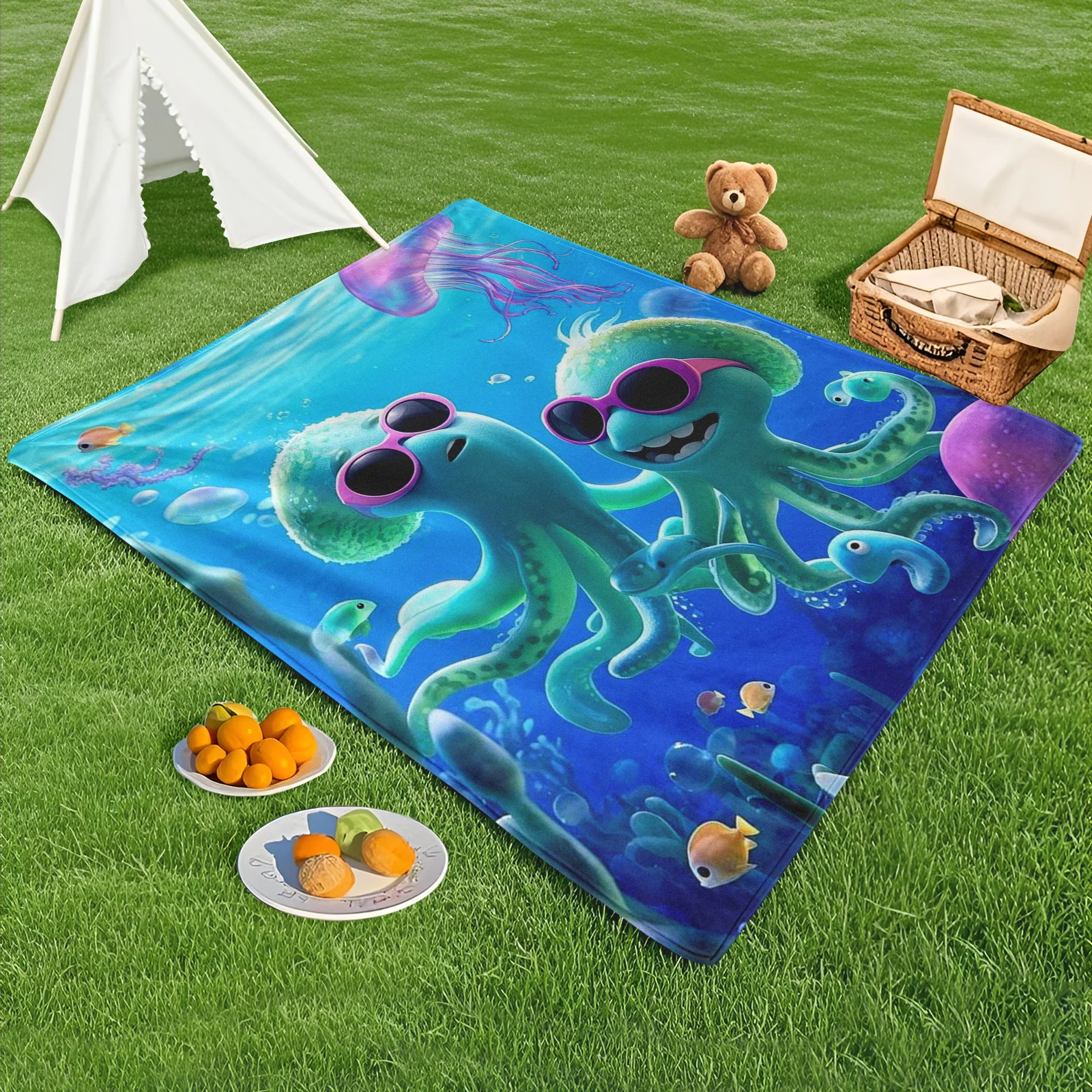 Playful Green Squid Blanket With Sunglasses And Underwater Blue Design For Ocean Themed Outdoor Adventures And Fun Camping