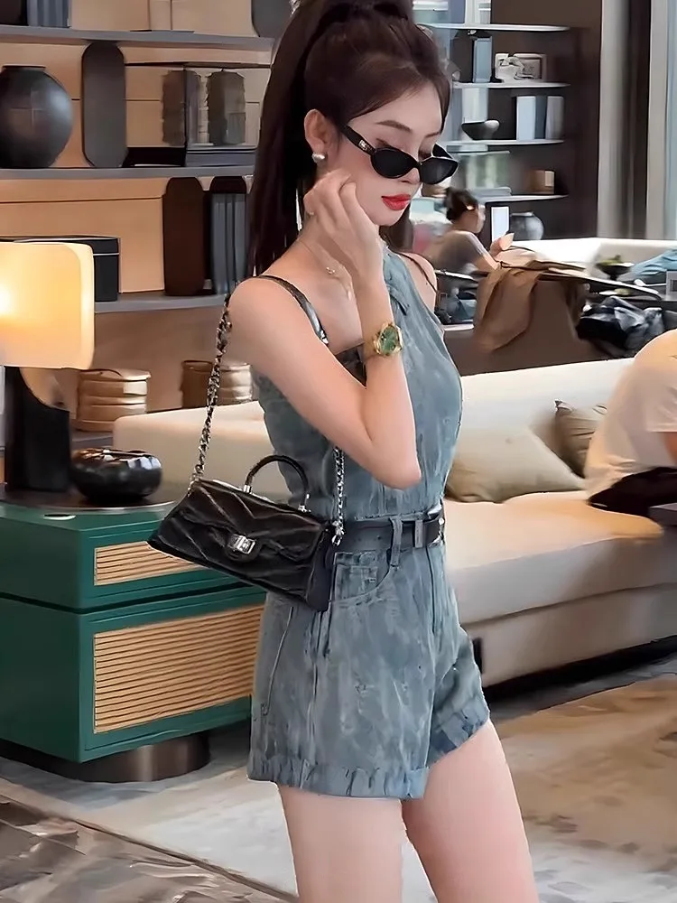 Women's Denim Rompers Single Shoulder Slim Wide Leg A-line Solid Color Super Short Playsuit 2025 New Summer Fashion