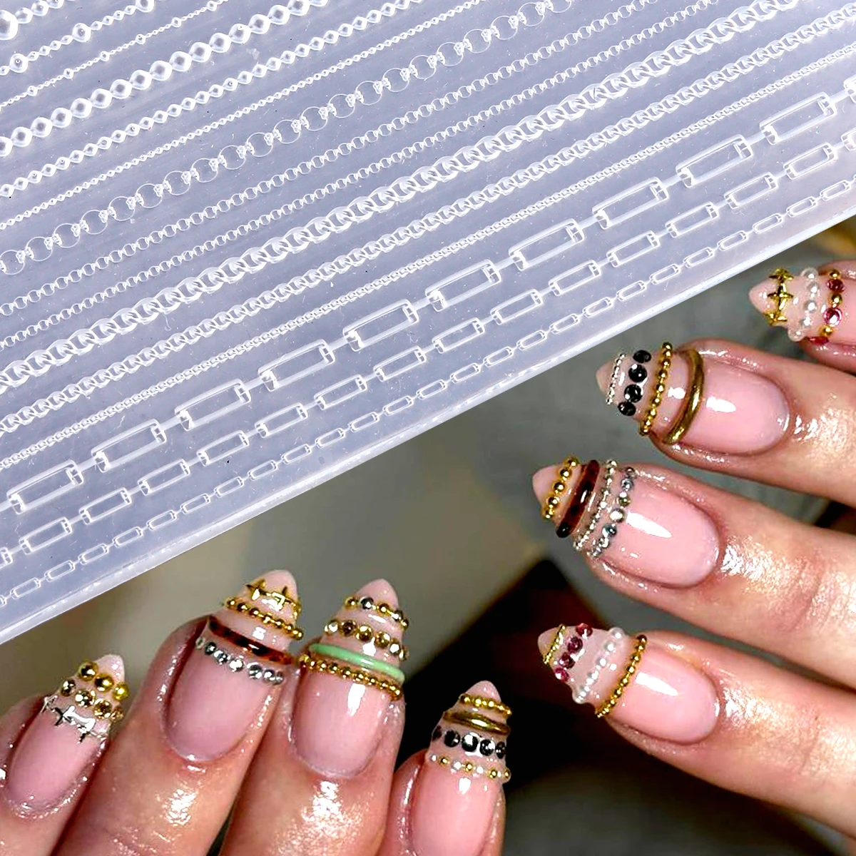 3D-Ketten-Silikon-Nagelform-Set, wiederverwendbare Nagelkunst-Schnitzschablone, doppelseitiger Stift, mehrere Kettenmuster, DIY-Schmuck-Deko – Detail 4
