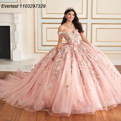 EVLAST Customized Pink Quinceanera Dress Ball Gown 3D Floral Applique Beading Mexican Corset Sweet 16 Vestidos De 15 Anos TQD845