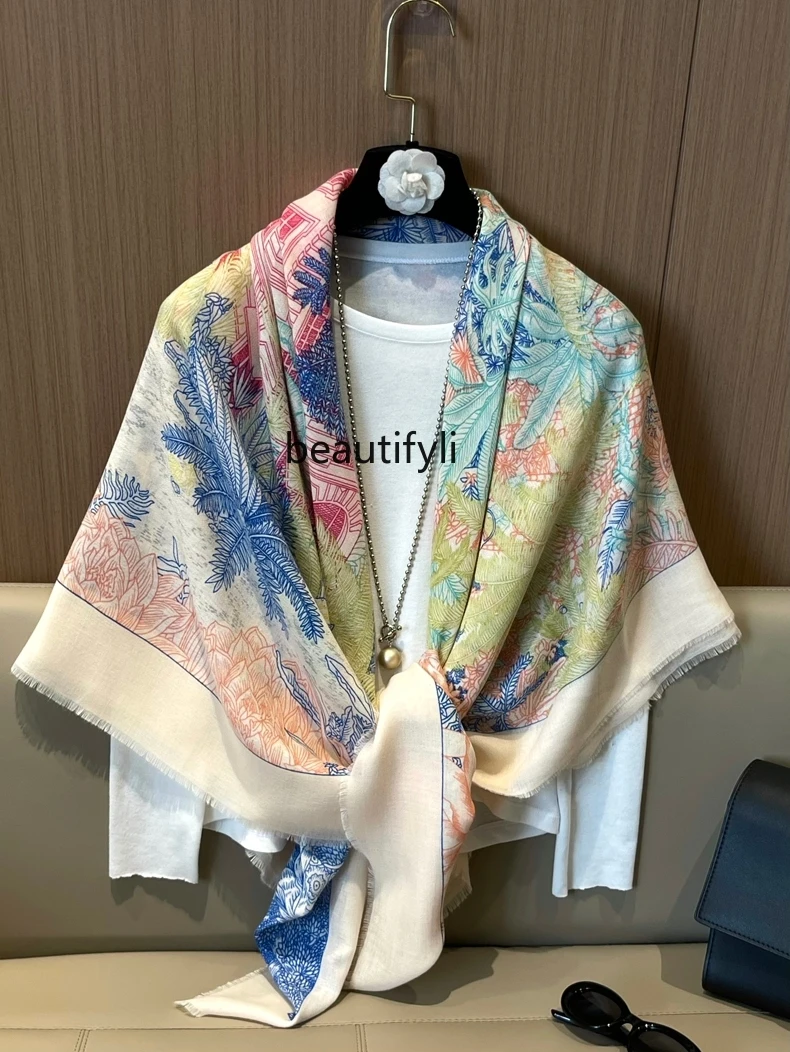 Summer New Silk Scarf Women's Thin Large Kerchief Color Scarf Travel Photos Outdoor High-End Air-Conditioned Room Shawl