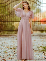 Plus Size Tulle Evening Dress with Deep V Neck Women's Short Sleeve Summer Tulle Bridesmaid Dresses for Wedding Pink Bridesmaid