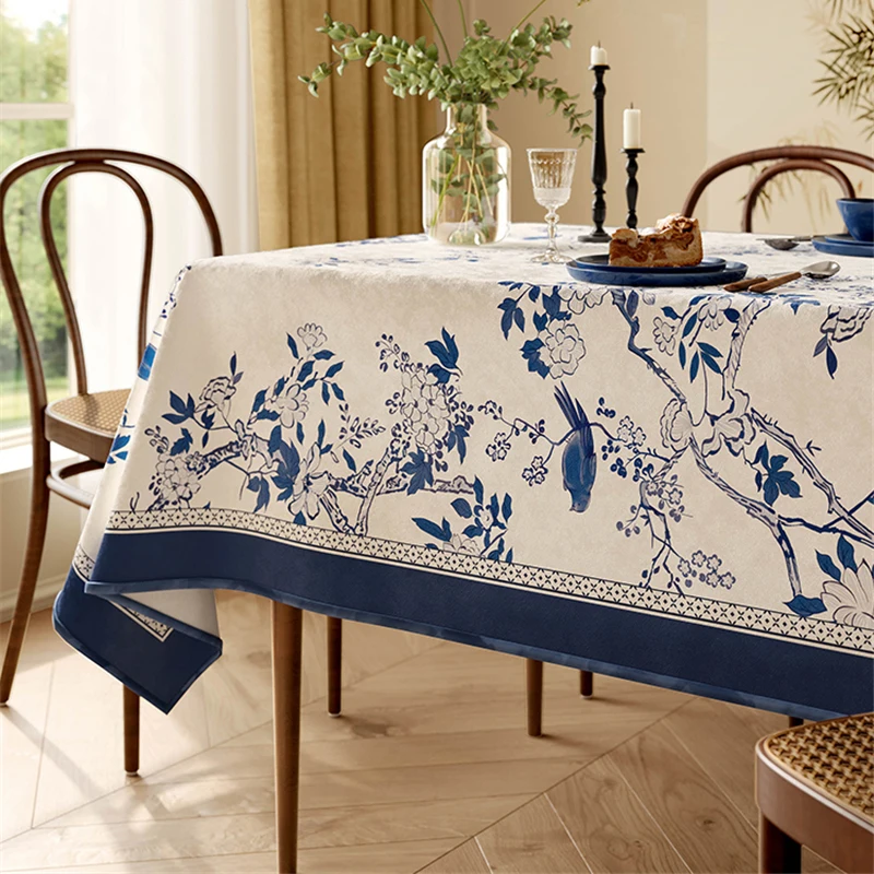 Chinese Retro Tablecloth Ink Blue and Flower Diningtable Decoration Tablecloth Rectangular Custom Home Coffeetable Cover Cloth