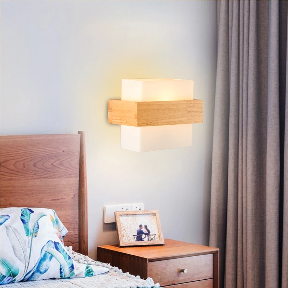 Nordic Wood Wall Lamps with Glass Shade Home Indoor Decor Sconce Bedside Lamp Modern Led Wall Light Night Lights Fixtures E27 view 6