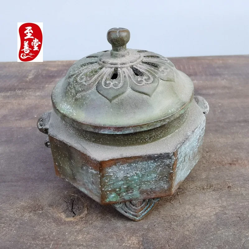 Antique aged patina alloy copper living room decorative ornament octagonal Ming Dynasty Xuan De incense burner7.5x7.5x8CM