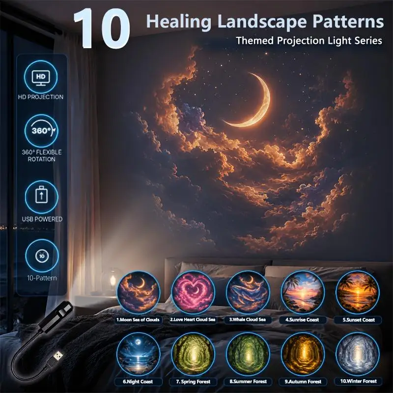 USB Healing Landscape Projection Lamp 10 Patterns Flexible Rotation Moon Cloud Sea Forest Coast Projector Light For Bedroom