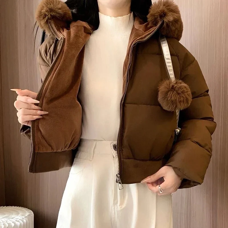Warm Pink Women Puffer Coat Faux Fur Hood Cropped Padded Zip Up Short Jacket Pom Pom Drawstring Thick Winter Outerwear Top