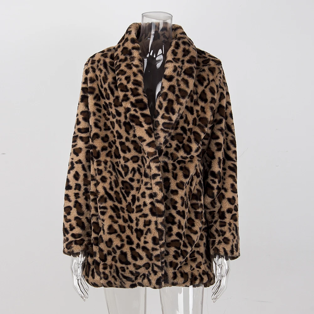 Casual Leopard Imitation Fur Overcoat Women Clothing Zipper Coat Long Sleeve Outwear Winter S/M Ladies Overcoat Jacket