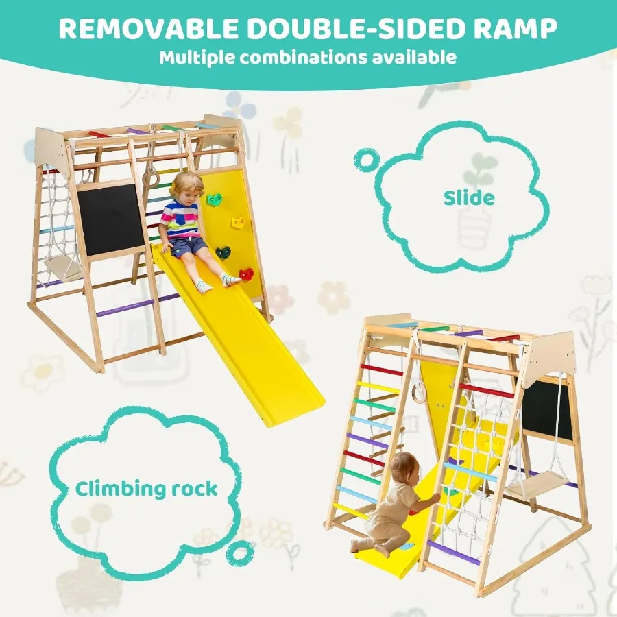 Giocattoli da arrampicata in legno per bambini 10 in 1, palestra nella giungla per bambini con tavolo da disegno, scivolo, arrampicata su roccia e rete, scala, barre scimmie, altalena, G