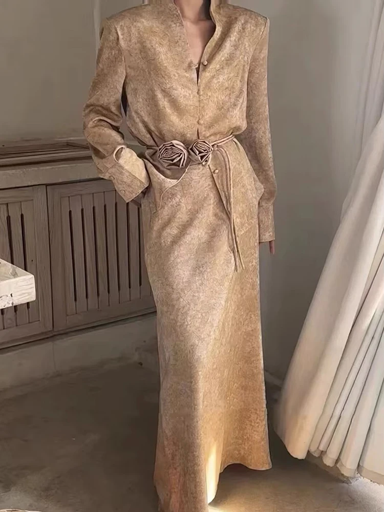 

Spring Retro 3D Flowers Casual Outfit Women Long Sleeves V-neck Shirt+High Waist Loose Straight Skirt Suit Female Two Piece Set