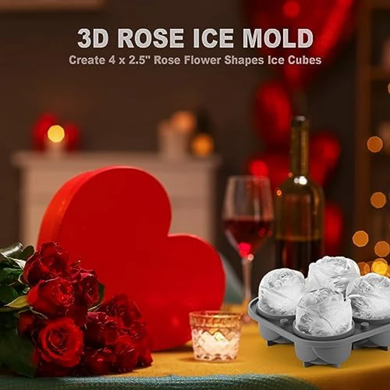 3D Rose Ice Square Mold,Ice Square Trays,Make 4 Giant Cute Flower Shape Ice,Dishwasher Fun Big Ice Ball Maker